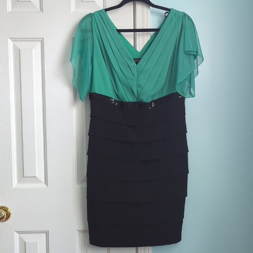 Enfocus Studio Aqua-Green V-Neck Flutter Sleeve Layered Sheath Dress